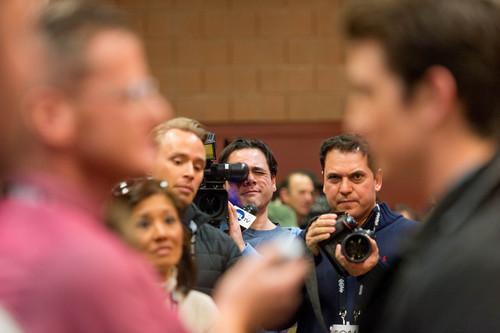 Trent Nelson  |  The Salt Lake Tribune
Cameras look on as Miles Teller is interviewed at the premiere of  "Whiplash," part of the U.S. Dramatic Competition at  the Sundance Film Festival, Thursday January 16, 2014 at the Eccles Theatre in Park City.