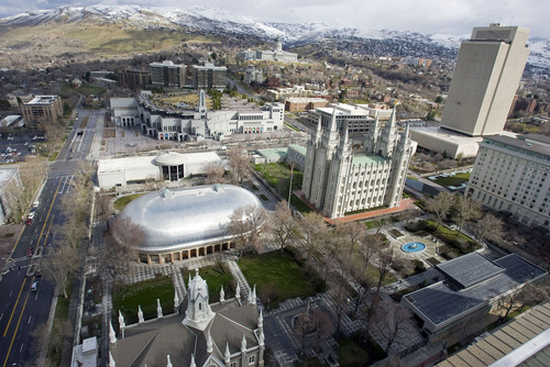 Al Hartmann   |  Tribune file photo 
Temple Square with Tabernacle,  Salt Lake Temple, LDS Conference Center, Jospeh Smith Buidling and LDS Church Office Building seen from high angle above South Temple and West Temple on March 22, 2011