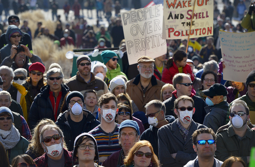 Scott Sommerdorf   |  The Salt Lake Tribune
More than 4,000 people - many of them wearing surgical masks - came to the Utah State Capitol building to protest the unhealthy air in Utah, Saturday, Jan. 25, 2014.