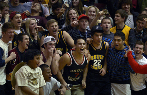 Scott Sommerdorf   |  The Salt Lake Tribune
Mountain View's student section has a great time during the first half when Mountain View held a lead against Olympus. But Olympus had the last laugh, defeating Mountain View 73-64 in Orem, Friday, January 24, 2014.