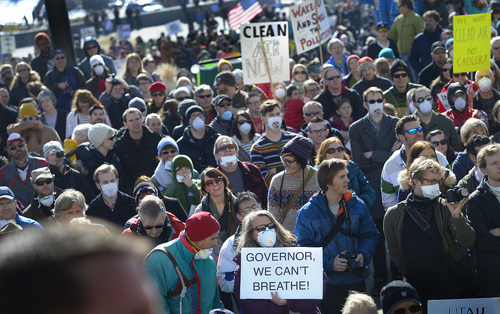 Scott Sommerdorf   |  The Salt Lake Tribune
More than 4,000 people came to the Utah State Capitol building to protest the unhealthy air in Utah, Saturday, Jan. 25, 2014.