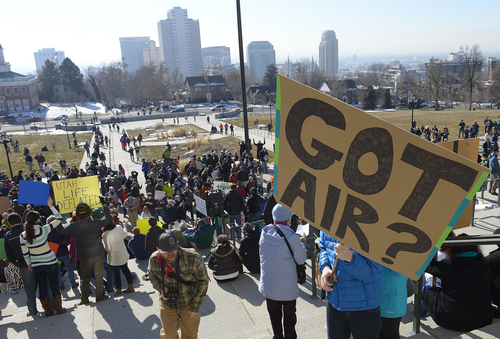 Scott Sommerdorf   |  The Salt Lake Tribune
Before all of the approximatley 4,000 people came to the Utah State Capitol building to protest the unhealthy air in Utah, demostrators found their places on the capitol steps, Saturday, Jan. 25, 2014.