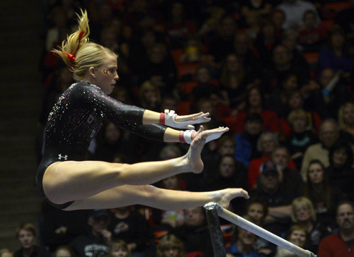Rick Egan  | The Salt Lake Tribune 

Hailee Hansen competes on the bars for the Utes, in Pac12 gymnastics competition, Utah vs. UCLA, at the Huntsman Center, Saturday, January 25, 2014.