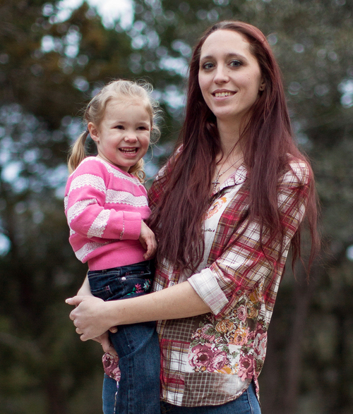 Maggie Barcellano poses for a photograph with her three-year-old daughter, Zoe, at Lakeway City Park in Lakeway, Texas on Saturday, Jan. 25, 2014. Barcellano enrolled in the food stamps program to help save up for paramedic training while she works as a home health aide and raises her daughter. Working-age people now make up the majority in U.S. households that rely on food stamps, a switch from a few years ago when children and the elderly were the main recipients.  (AP Photo/Tamir Kalifa)