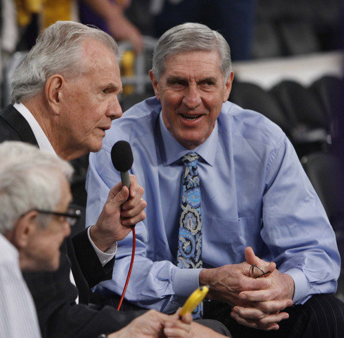 Tribune file photo
In this 2009 file photo, Utah Jazz head coach Jerry Sloan does a pre-game interview with Rod Hundley.