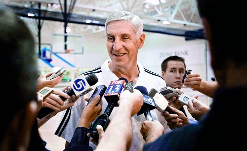Paul Fraughton  |  The Salt Lake Tribune

Jazz head coach Jerry Sloan talks to the press on Sept. 1, 2009, about his induction into the basketball Hall of Fame.