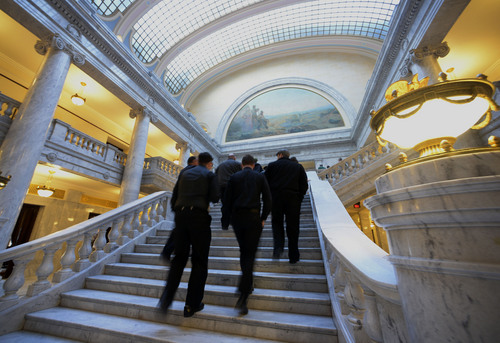 Al Hartmann  |  The Salt Lake Tribune
Folks walk up the stairs to the Utah House of Representatives at the Utah State Capitol early Monday morning January 27 for the start of the 45-day 2014 legislative session.