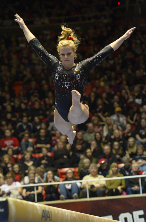 Rick Egan  | The Salt Lake Tribune 

Tory Wilson competes on the beam for the Utes, in Pac12 gymnastics competition, Utah vs. UCLA, at the Huntsman Center, Saturday, January 25, 2014.