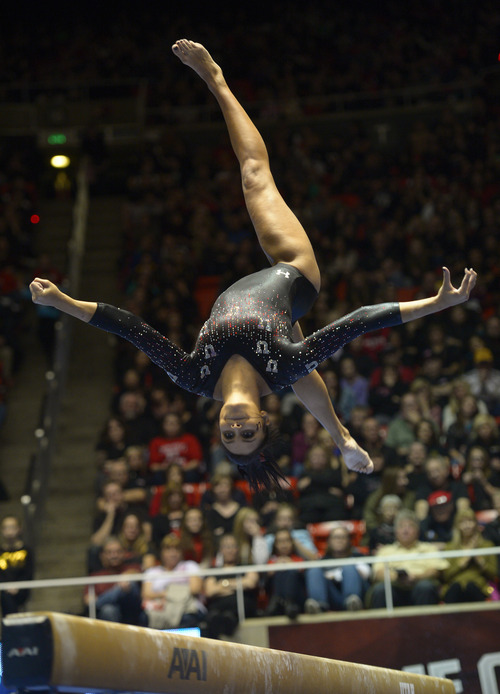 Rick Egan  | The Salt Lake Tribune 

Kailah Delaney competes on the beam for the Utes, in Pac12 gymnastics competition, Utah vs. UCLA, at the Huntsman Center, Saturday, January 25, 2014.