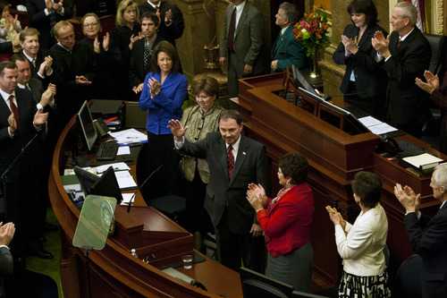 Chris Detrick  |  The Salt Lake Tribune
Utah Gov. Gary Herbert waves to the crowd after his State of the State address at the Utah State Capitol Wednesday January 30, 2013.