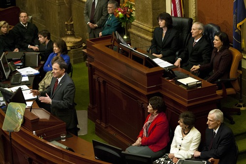 Chris Detrick  |  The Salt Lake Tribune
Utah Gov. Gary Herbert speaks during his State of the State address at the Utah State Capitol Wednesday January 30, 2013.