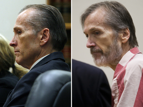 Photos by Scott Sommerdorf   |  The Salt Lake Tribune and Mark Johnston  |  The Daily Herald 
At left, Martin MacNeill listens to court proceedings after he was found guilty of murder and obstruction of justice early Saturday morning, November 9, 2013. On the right, Martin MacNeill leaves the courtroom after a hearing in his sex abuse case at 4th District Court in Provo Thursday, Jan. 23, 2014.
