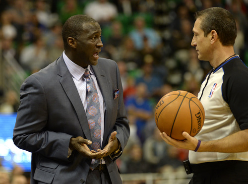 Rick Egan  |  Tribune file photo 

Utah Jazz head coach Tyrone Corbin has a few words for the ref,  in NBA action, as the Jazz faced the Chicago Bulls, at the EnergySolutions Arena, Monday, November 25, 2013.