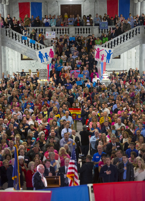 Steve Griffin  |  The Salt Lake Tribune

Hundreds of advocates of traditional marriage fill the Rotunda as they rally at the Utah State Capitol in Salt Lake City Wednesday, January 29, 2014.