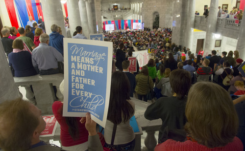 Steve Griffin  |  The Salt Lake Tribune

Hundreds of advocates of traditional marriage fill the Rotunda as they rally at the Utah State Capitol in Salt Lake City Wednesday, January 29, 2014.