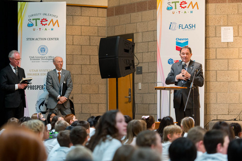 Trent Nelson  |  The Salt Lake Tribune
Gov. Gary Herbert speaks about STEM to students at Neil Armstrong Academy in West Valley City Thursday January 30, 2014. The STEM Action Center, created by the Legislature last year as part of the Governor's Office of Economic Development, is launching a business-funded media campaign to "win the hearts and minds" of parents, students and community in improving the interest in STEM (science, technology, engineering and math) education.