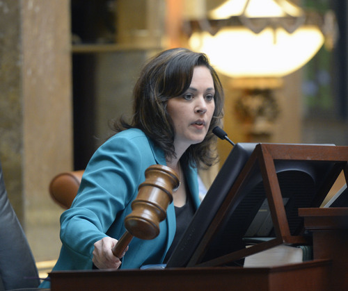 Al Hartmann  |  The Salt Lake Tribune
Speaker of the House Becky Lockhart starts the 45-day long 2014 Utah  legislative session with a bang of the gavel in the House of Representatives Chambers Monday January 27.