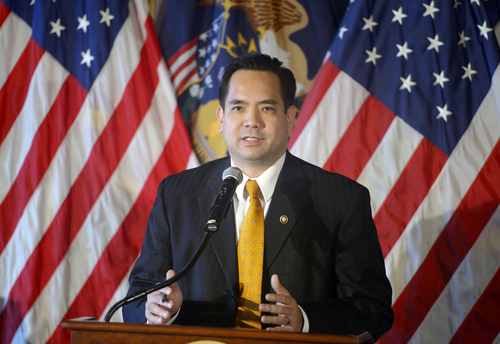 Keith Johnson |  Tribune file photo

Sean Reyes addresses the media, December 23, 2013 after Utah Governor Gary Herbert announced Reyes will be Utah's new Attorney General. Reyes takes office after former Attorney General John Swallow resigned amid allegations of impropriety.