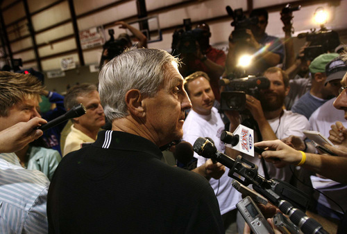 Trent Nelson  |  The Salt Lake Tribune

Utah Jazz head coach Jerry Sloan answers questions from reporters prior to Monday morning's practice at Factory of Champions Gym in San Antonio on May 21, 2007.
