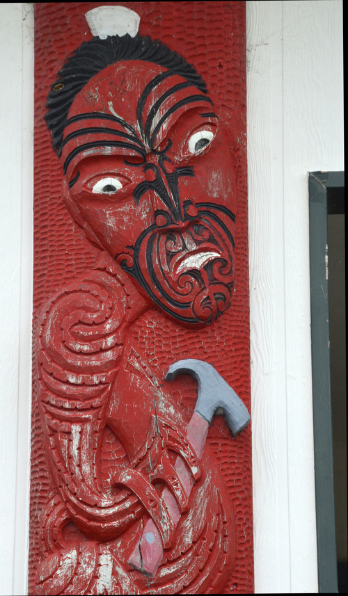 Mike Stack | Special to the Tribune
Traditional carving depicting Labor Missionaries at entrance to Kai Hall, Church College of New Zealand.