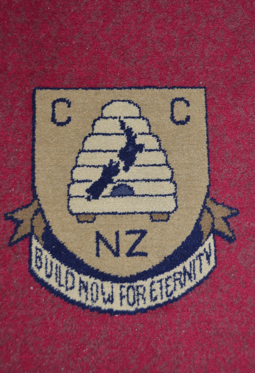 Mike Stack | Special to the Tribune
LDS Church College of New Zealand logo-- "Build Now for Eternity-- in carpet, also carried the beehive, a common Mormon symbol of industry.
