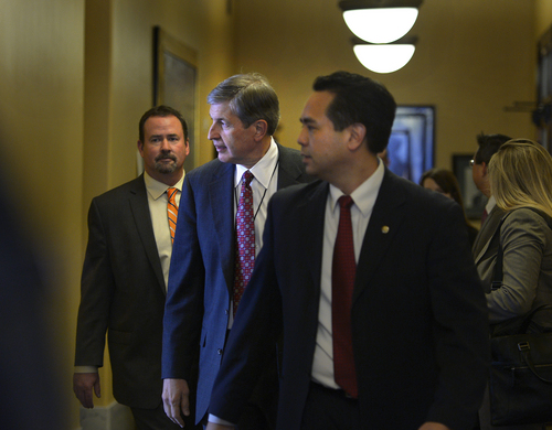 Scott Sommerdorf   |  The Salt Lake Tribune
Attorney Gene Schaerr, center, enters the closed Republican caucus meeting, Thursday, Jan. 30, 2014 with new Utah Attorney.General Sean Reyes, right. Schaerr is the attorney hired to work with the state to defend Amendment 3.