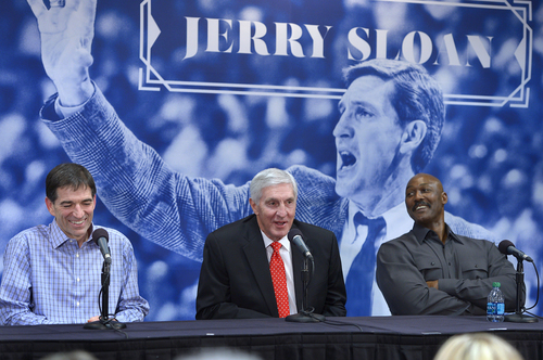 Scott Sommerdorf   |  The Salt Lake Tribune
John Stockton, left, and Karl Malone, right, laugh during a press conference to honor former Jazz coach Jerry Sloan as Sloan relates a story about their time together with the Jazz. Jazz Owner / CEO Greg Miller also spoke, Friday, Jan. 31, 2014.