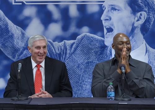 Scott Sommerdorf   |  The Salt Lake Tribune
Karl Malone, right, laughs during a press conference to honor former Jazz coach Jerry Sloan as Sloan relates a story about their time together with the Jazz. Jazz Owner / CEO Greg Miller, and John Stockton also spoke, Friday, Jan. 31, 2014.