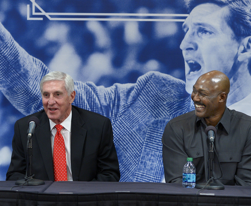 Scott Sommerdorf   |  The Salt Lake Tribune
Former Jazz great Karl Malone, right cracks up as former Jazz head coach Jerry Sloan tells a story about their time together at a press conference to honor coach Sloan. Former Jazz greats Karl Malone and John Stockton as well as Jazz CEO Greg Miller spoke, Friday, Jan. 31, 2014.