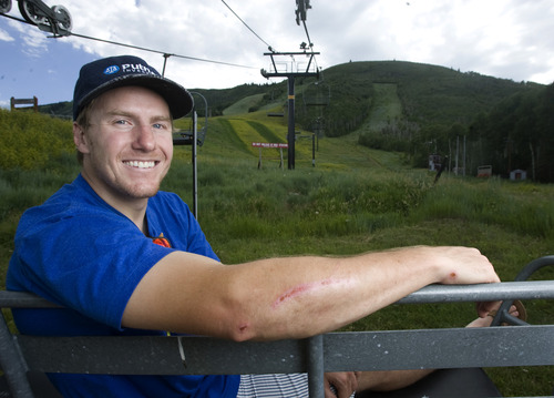 Rick Egan  | The Salt Lake Tribune 

Olympic skier Ted Ligety sits on the Eagle chair lift at Park City Mountain Resort,  Monday, July 15, 2013.