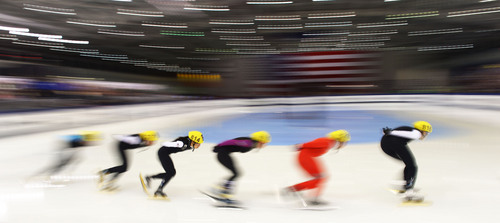 Steve Griffin  |  The Salt Lake Tribune

Skaters glide around a corner during the women's 1500-meter race in the 2014 U.S. Olympic Short Track Trials at the Utah Olympic Oval in Kearns, Friday, January 3, 2014.