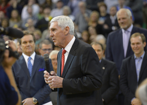 Scott Sommerdorf   |  The Salt Lake Tribune
Former Jazz coach Jerry Sloan speaks as he is honored at halftime of the Utah Jazz vs Golden State Warriors game, Friday, Jan. 31, 2014.