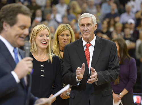 Scott Sommerdorf   |  The Salt Lake Tribune
Craig Bolerjack speaks about former Jazz coach Jerry Sloan as Sloan and his wife Tammy listen as Sloan is honored at halftime of the Utah Jazz vs Golden State Warriors game, Friday, Jan. 31, 2014.