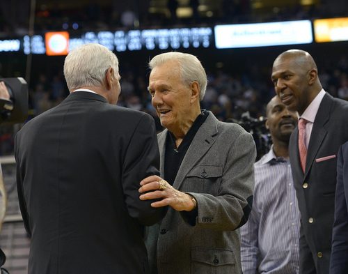 Scott Sommerdorf   |  The Salt Lake Tribune
Former Jazz announcer and player Hot Rod Hundley greets former Jazz coach Jerry Sloan as he is honored at halftime of the Utah Jazz vs Golden State Warriors game, Friday, Jan. 31, 2014.