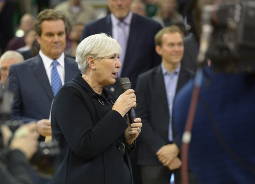 Scott Sommerdorf   |  The Salt Lake Tribune
Jazz owner Gail Miller speaks about former Jazz coach Jerry Sloan as he is honored at halftime of the Utah Jazz vs Golden State Warriors game, Friday, Jan. 31, 2014.