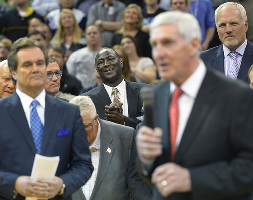 Scott Sommerdorf   |  The Salt Lake Tribune
Current Jazz head coach Tyron Corbin watches as former Jazz coach Jerry Sloan is honored at halftime of the Jazz vs the Golden State Warriors, Friday, Jan. 31, 2014.