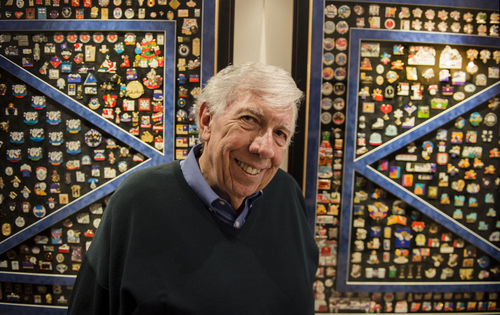 Keith Johnson | The Salt Lake Tribune

Jay Niederhauser stands next to his Olympic pin collection on display at the Blue Boar Inn in Midway, Utah, January 31, 2014. There are 1,180 pins on display, but Niederhauser has an additional 800-900 in his collection. The majority of the pins were collected between 1995 through the 2002 Olympic Games in Salt Lake City.
