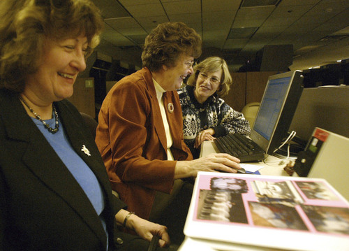 | Tribune file photo

Shirlene Jolley, left, Janet Enke, center and Carolyn Hughes, right, laugh at a story from Janet Enke's family history at the Family History Library in Salt Lake City.