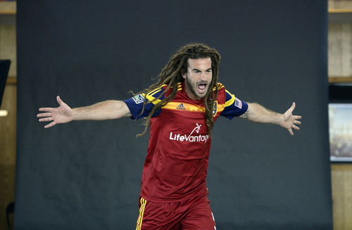 Francisco Kjolseth  |  The Salt Lake Tribune
Real Salt Lake convenes for its 2014 Media Day four weeks ahead of the season opener on March 8, as Kyle Beckerman goes before the cameras  for an action portrait in a temporary space at the Ardell Brown Recreational in Sandy on Tuesday, Feb. 4, 2014.