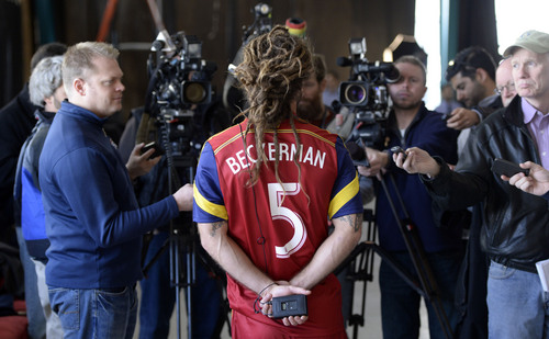 Francisco Kjolseth  |  The Salt Lake Tribune
Real Salt Lake convenes for its 2014 Media Day four weeks ahead of the season opener on March 8, as Kyle Beckerman goes before the cameras  in a temporary space at the Ardell Brown Recreational in Sandy on Tuesday, Feb. 4, 2014.