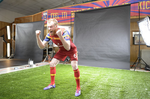 Francisco Kjolseth  |  The Salt Lake Tribune
Real Salt Lake player Nat Borchers is lit up by the strobes as he lets out a primal scream for an action portrait as the team convenes for its 2014 Media Day four weeks ahead of the season opener on March 8, at the Ardell Brown Recreational facility in Sandy on Tuesday, Feb. 4, 2014.