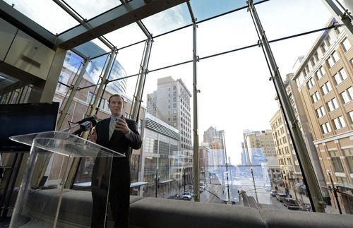 Francisco Kjolseth  |  The Salt Lake Tribune
Salt Lake County Mayor Ben McAdams speaks in support for a convention center hotel in downtown SLC during a press conference at City Creek Center on Wednesday, Feb. 5, 2014.