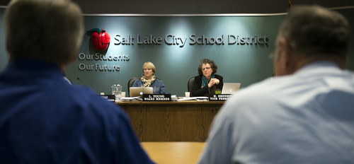 Keith Johnson | The Salt Lake Tribune

Salt Lake City School District Vice President Heather Bennett, right, and board member Laurel Young listen to Kelly Orton, the Director of Child Nutrition Services for the Salt Lake City School District, and Steve Woods, Executive Director of Auxillary Services, as they answer questions during a Salt Lake City School District board meeting February 4, 2014. The two were outlining ways to avoid another incident involving school children having their lunches taken away, and discussing ways to apologize to the students and parents.