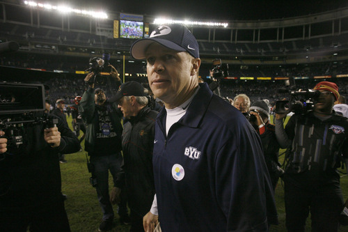 Rick Egan  | The Salt Lake Tribune 

Brigham Young Cougars head coach Bronco Mendenhall after BYU defeated San Diego State 23-6 in the Poinsettia Bowl, Thursday, December 20, 2012.