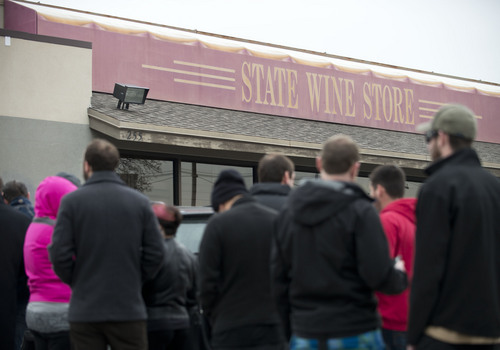 Lennie Mahler  |  The Salt Lake Tribune
Customers line up at the state wine store in downtown Salt Lake City in hopes of finding rare bottles of whiskey shipped from the Old Rip Van Winkle Distillery, Thursday, Feb. 6, 2014.
