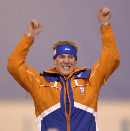 Steve Griffin  |  Tribune file photo

Jochem Uytdehaage of the Netherlands celebrates his gold medal performance in the men's 5000 meter speedskating race at the Utah Olympic Oval in Kearns on Feb. 9, 2002. Uytdehaage shattered the world record in the event on his way to the gold medal.