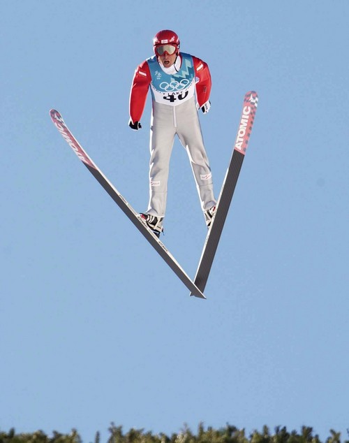 Trent Nelson  |   Tribune file photo

Austria's Mario Stecher jumps to a second place finish during the first round of the Nordic combined K90 ski jump, February 9, 2002 during the Winter Olympic Games.