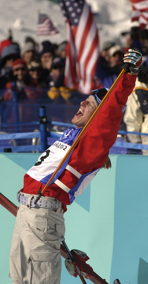 Rick Egan  |  Tribune file photo

USA skier Shannon Bahrke celebrates winning the silver medal in the women's moguls competition at Deer Valley resort in Park City, Utah, February 9, 2002.