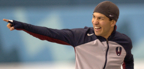 Steve Griffin  |  Tribune file photo

Derek Parra of the United States is all smiles as he points to screaming fans at the Utah Olympic Oval in Kearns, Utah Feb. 9, 2002, after winning the silver medal in the men's 5000 meters.