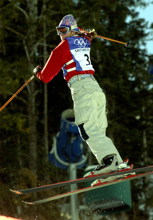 Paul Fraughton  |  Tribune file photo

Shanon Bahrke on the second jump of her final run to win the silver medal in the women's moguls competition at Deer Valley.